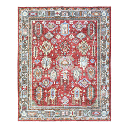 Tribal & Geometric Wool Hand Knotted Rug Red Gray 8.0X9.7 -O072623