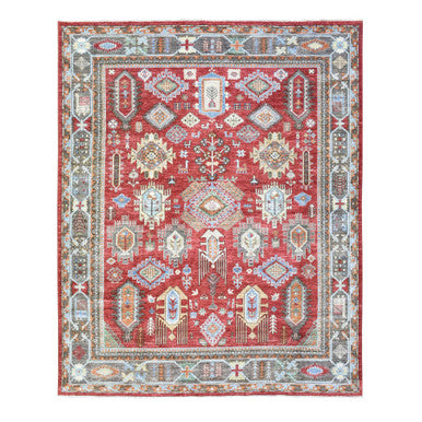 Tribal & Geometric Wool Hand Knotted Rug Red Gray 8.0X9.7 -O072623
