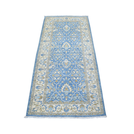 Oushak And Peshawar Wool Hand Knotted Rug Blue Ivory 2.7X5.8 -O072688