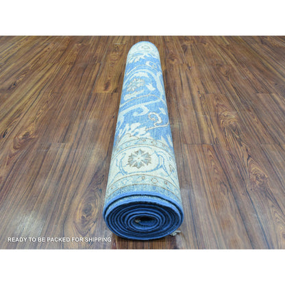 Oushak And Peshawar Wool Hand Knotted Rug Blue Ivory 3.9X13.3 -O072723