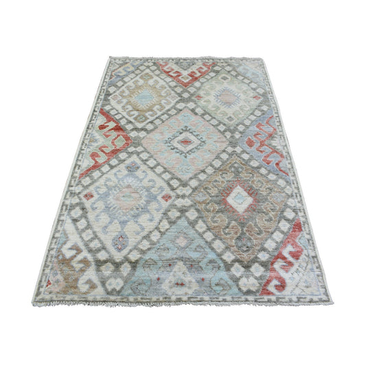Tribal & Geometric Wool Hand Knotted Rug Multicolored No Border 4.0X6.1 -O072743
