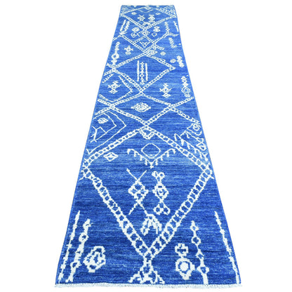Tribal & Geometric Wool Hand Knotted Rug Blue No Border 2.8X15.4 -O072784