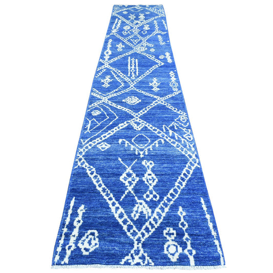 Tribal & Geometric Wool Hand Knotted Rug Blue No Border 2.8X15.4 -O072784