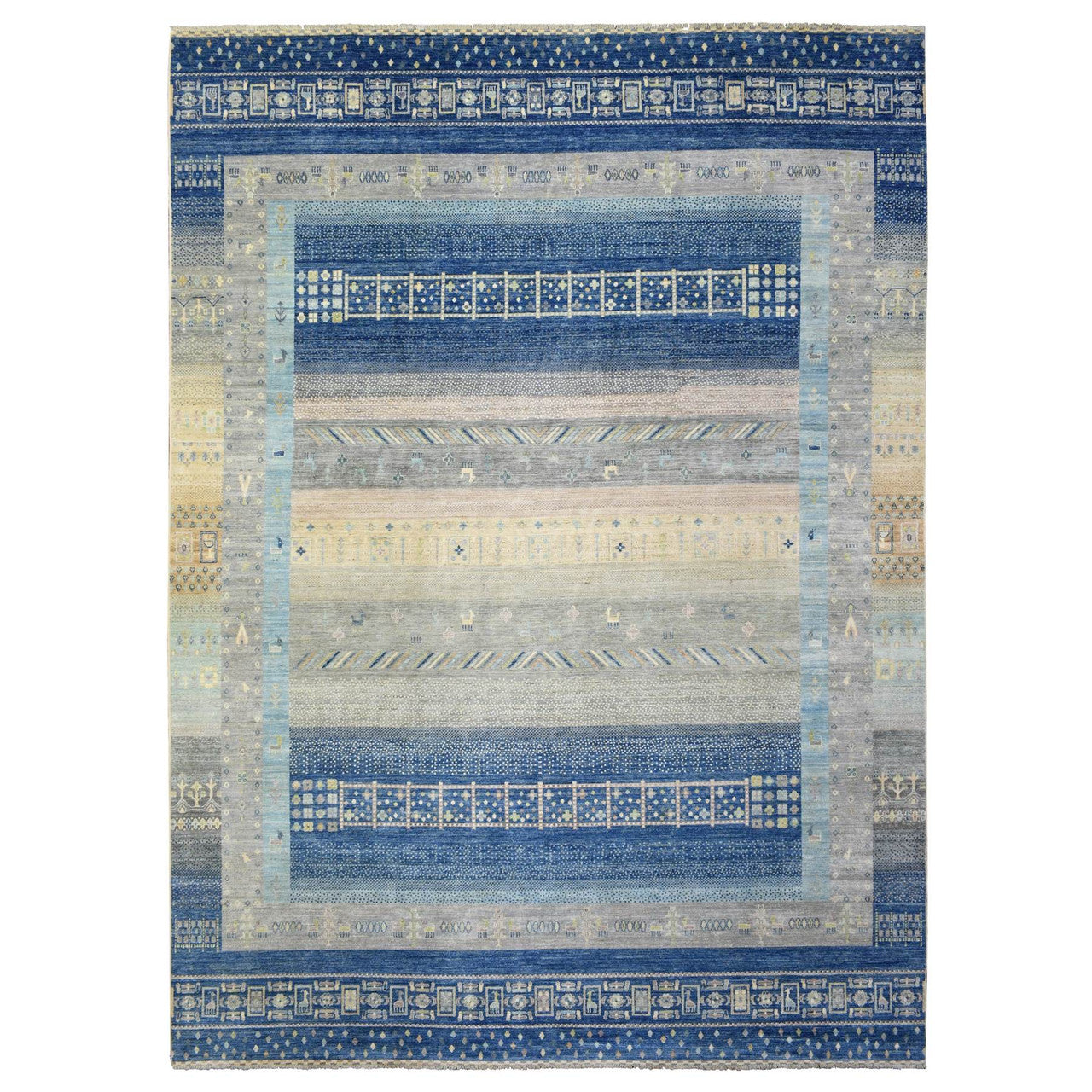 Tribal & Geometric Wool Hand Knotted Rug Blue No Border 10.2X13.7 -O072821