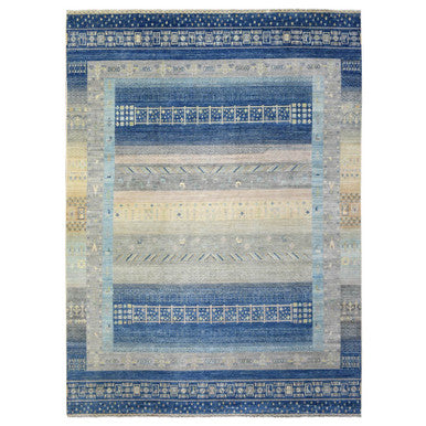 Tribal & Geometric Wool Hand Knotted Rug Blue No Border 10.2X13.7 -O072821