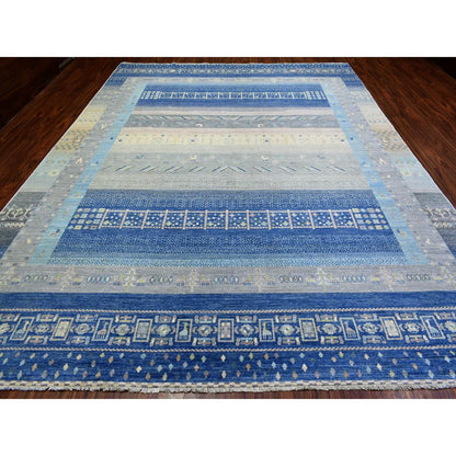 Tribal & Geometric Wool Hand Knotted Rug Blue No Border 10.2X13.7 -O072821