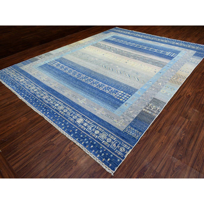 Tribal & Geometric Wool Hand Knotted Rug Blue No Border 10.2X13.7 -O072821