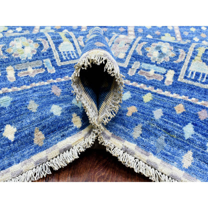 Tribal & Geometric Wool Hand Knotted Rug Blue No Border 10.2X13.7 -O072821