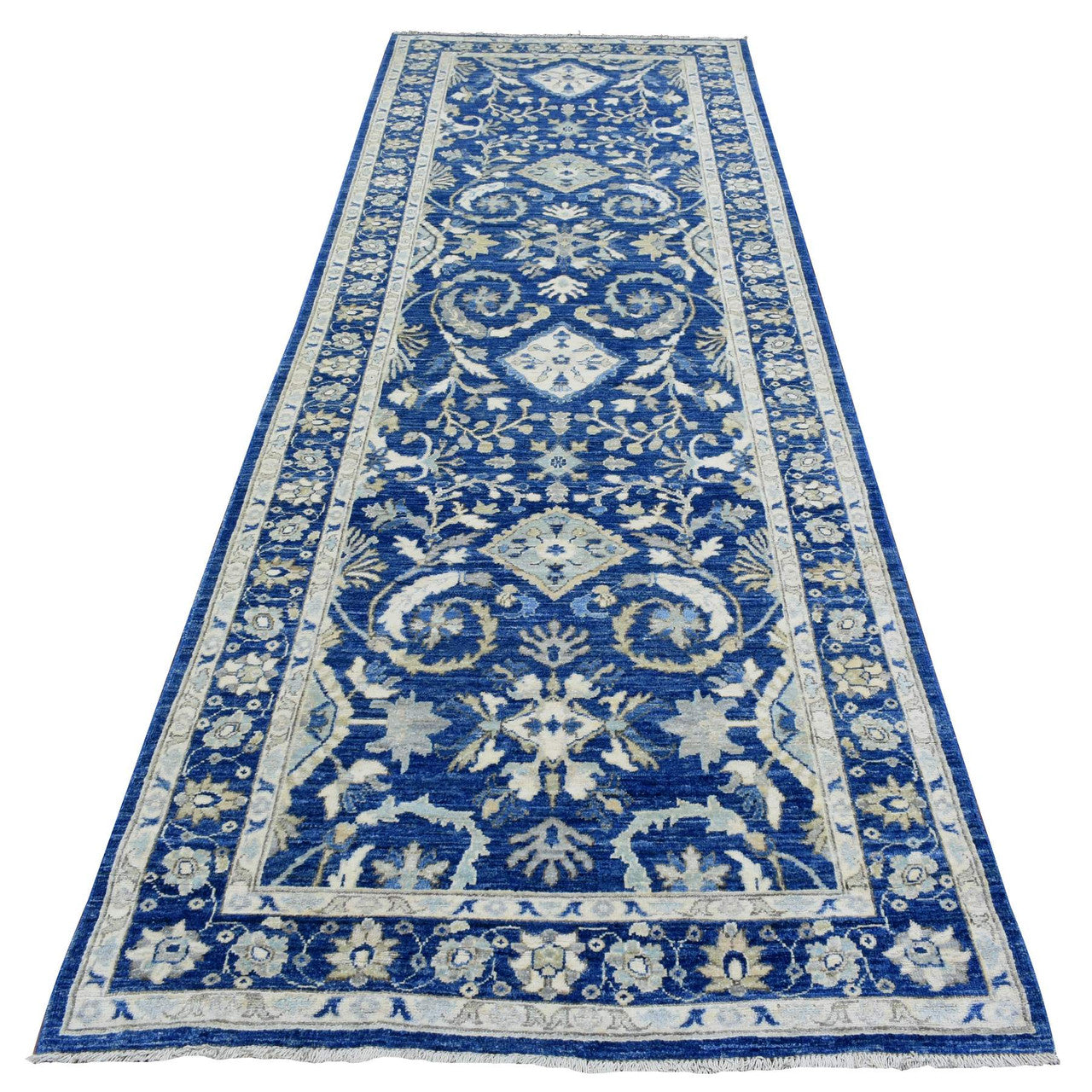 Blue 4'0" x 11'8" Oushak And Peshawar Hand knotted Wool Rug - Sku: O072827