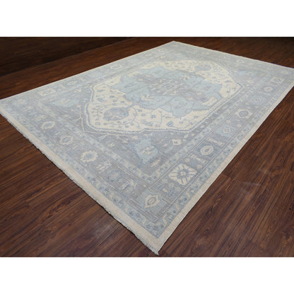 Oushak And Peshawar Wool Hand Knotted Rug Ivory Gray 9.10X14.0 -O072828
