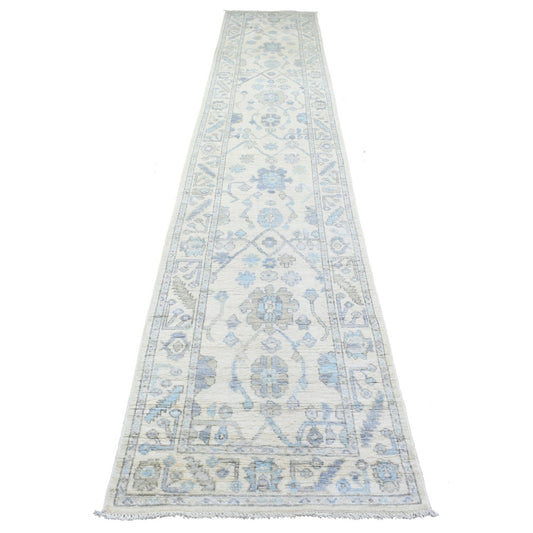 Oushak And Peshawar Wool Hand Knotted Rug Ivory Ivory 2.8X15.4 -O072837