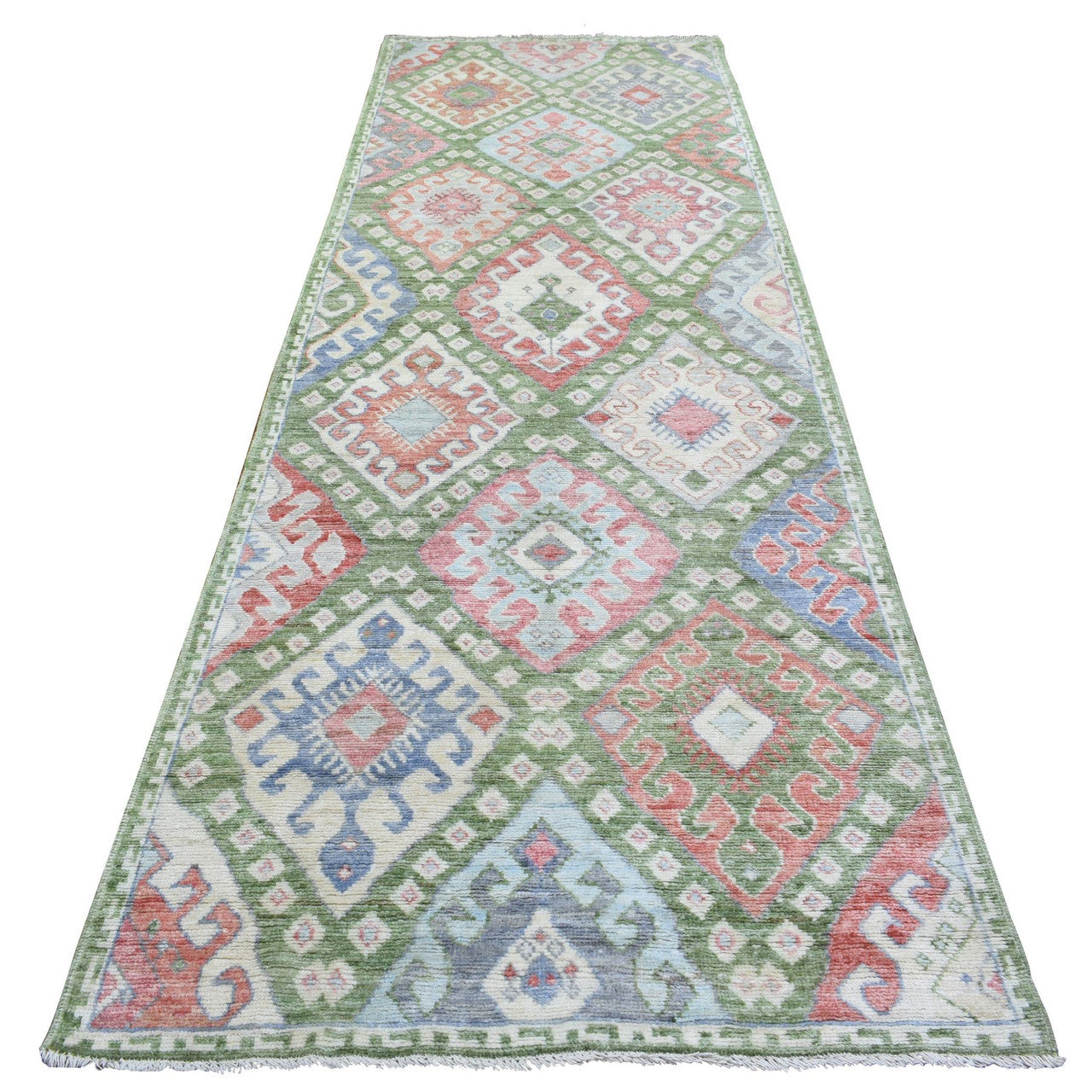 Ivory 3'10" x 12'0" Tribal & Geometric Multicolored Hand knotted Wool Rug - Sku: O072891