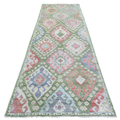 Tribal & Geometric Wool Hand Knotted Rug Multicolored No Border 3.10X12.0 -O072891