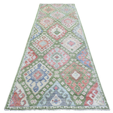 Tribal & Geometric Wool Hand Knotted Rug Multicolored No Border 3.10X12.0 -O072891