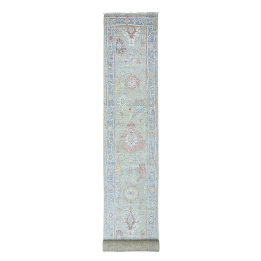 Oushak And Peshawar Wool Hand Knotted Rug Green Blue 2.6X18.0 -O072901