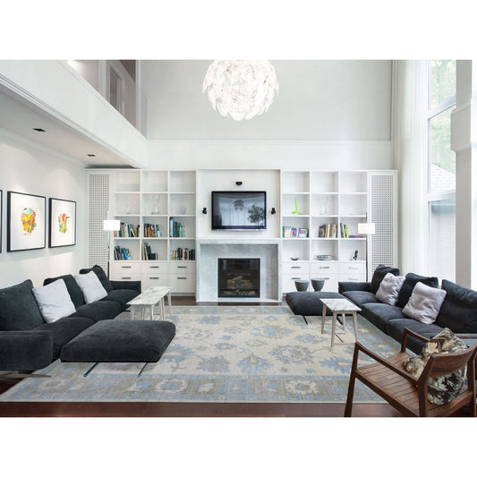 Oushak And Peshawar Wool Hand Knotted Rug Ivory Charcoal Gray 12.0X14.7 -O072927