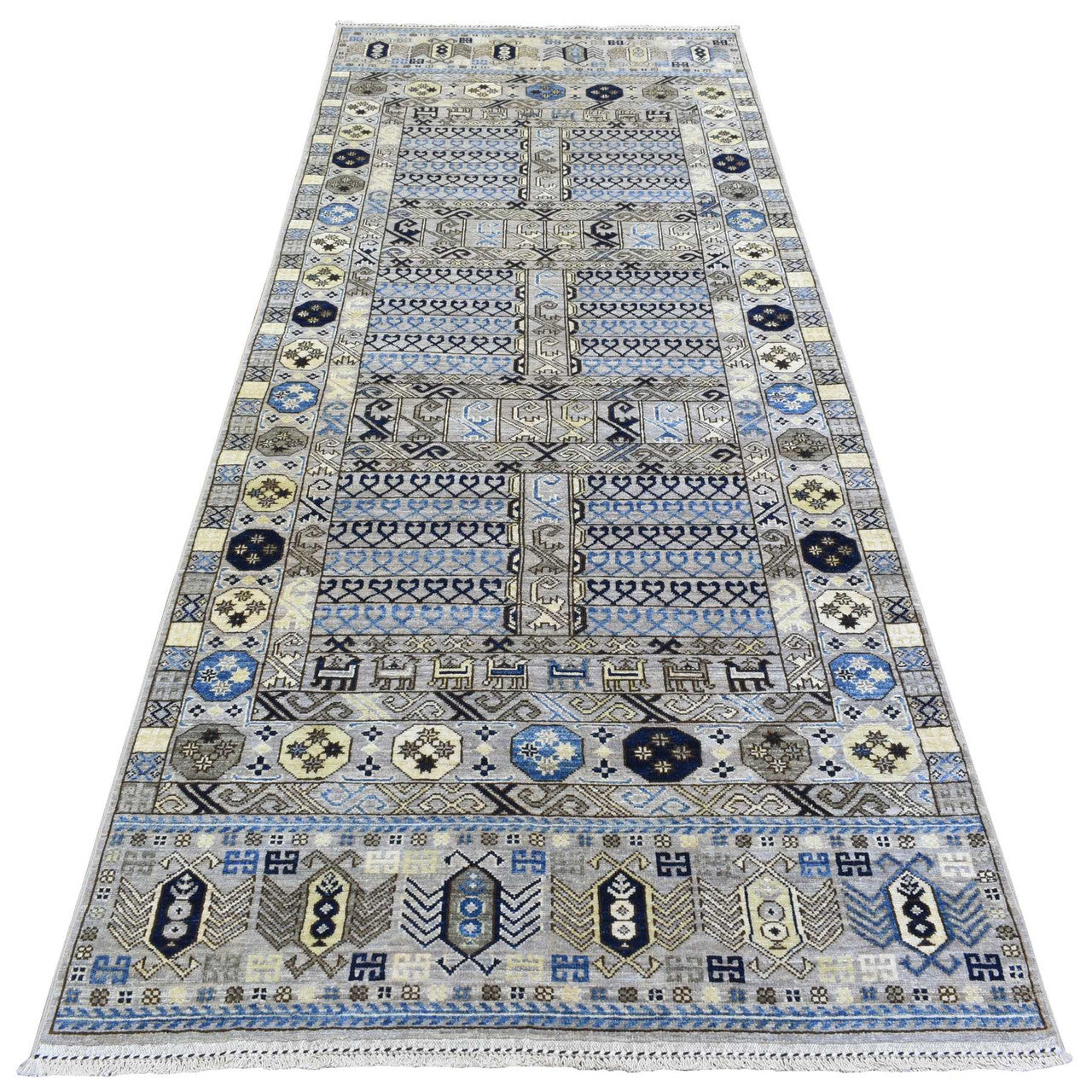 Gray 4'0" x 9'9" Tribal & Geometric Hand knotted Wool Rug - Sku: O073007