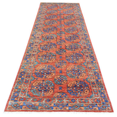 Tribal & Geometric Wool Hand Knotted Rug Red Blue 4.1X11.3 -O073013