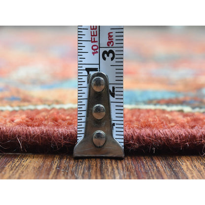 Tribal & Geometric Wool Hand Knotted Rug Red Blue 4.1X11.3 -O073013