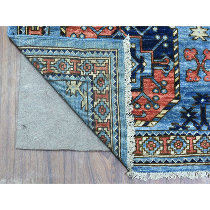 Tribal & Geometric Wool Hand Knotted Rug Blue Ivory 4.0X11.8 -O073016