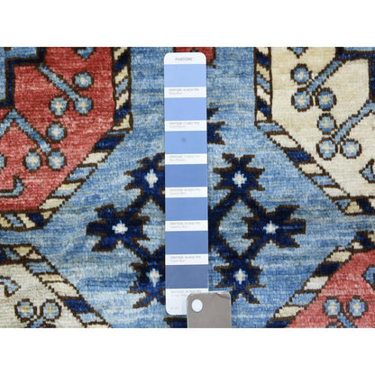 Tribal & Geometric Wool Hand Knotted Rug Blue Ivory 4.0X11.8 -O073016
