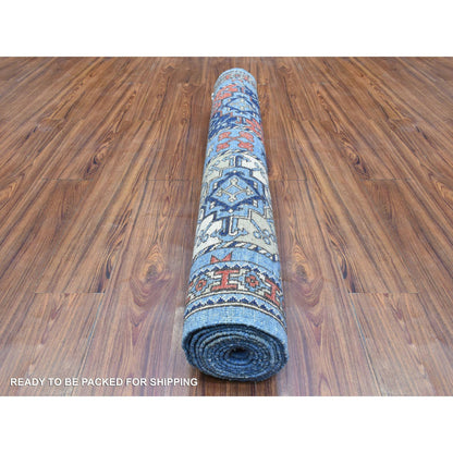Tribal & Geometric Wool Hand Knotted Rug Blue Ivory 4.0X11.8 -O073016