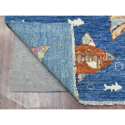 Modern and Contemporary Wool Hand Knotted Rug Blue No Border 4.0X5.8 -O073019