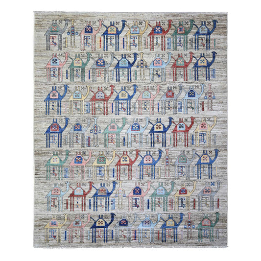 Tribal & Geometric Wool Hand Knotted Rug Beige No Border 8.0X9.8 -O073093