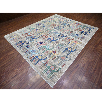 Tribal & Geometric Wool Hand Knotted Rug Beige No Border 8.0X9.8 -O073093