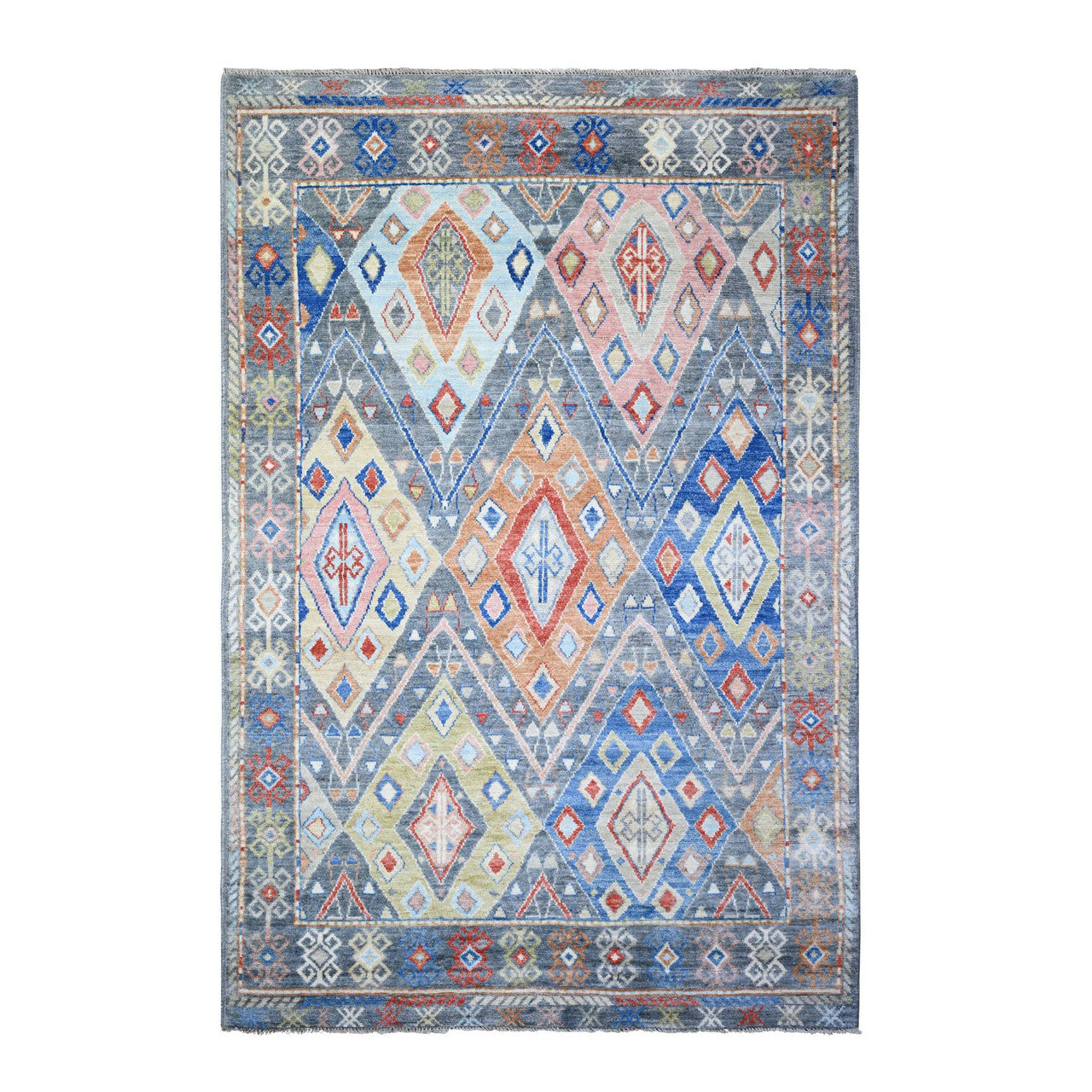 Gray 5'10" x 9'1" Tribal & Geometric Hand knotted Wool Rug - Sku: O073098