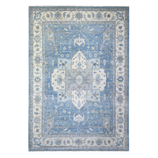 Oushak And Peshawar Wool Hand Knotted Rug Blue Ivory 9.10X14.0 -O073129