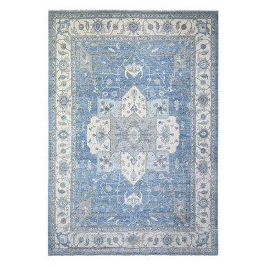 Oushak And Peshawar Wool Hand Knotted Rug Blue Ivory 9.10X14.0 -O073129