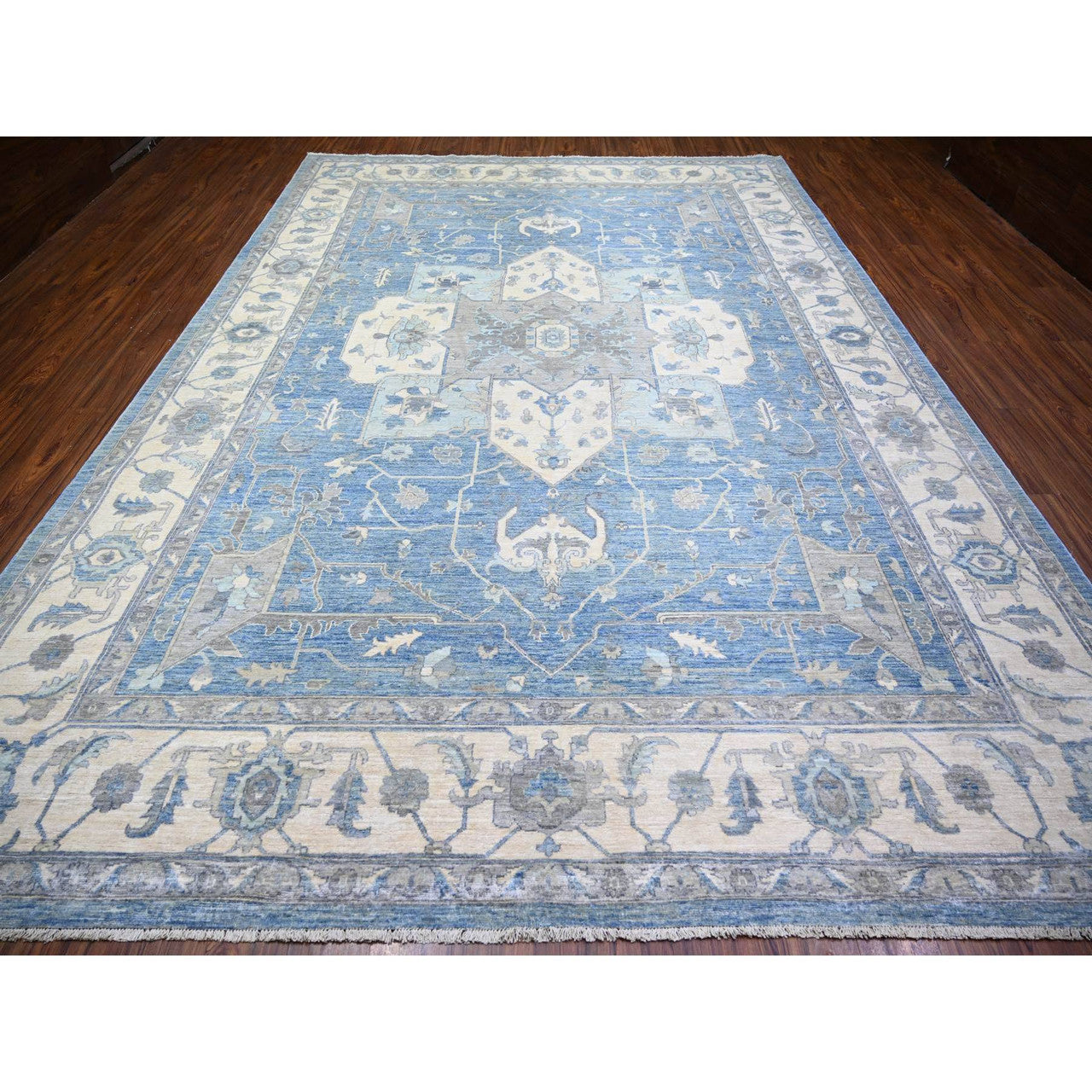 Oushak And Peshawar Wool Hand Knotted Rug Blue Ivory 9.10X14.0 -O073129