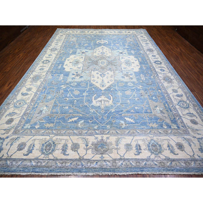 Oushak And Peshawar Wool Hand Knotted Rug Blue Ivory 9.10X14.0 -O073129