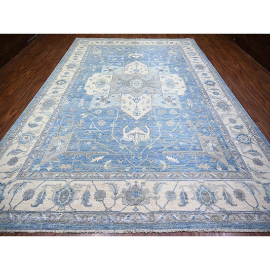 Oushak And Peshawar Wool Hand Knotted Rug Blue Ivory 9.10X14.0 -O073129