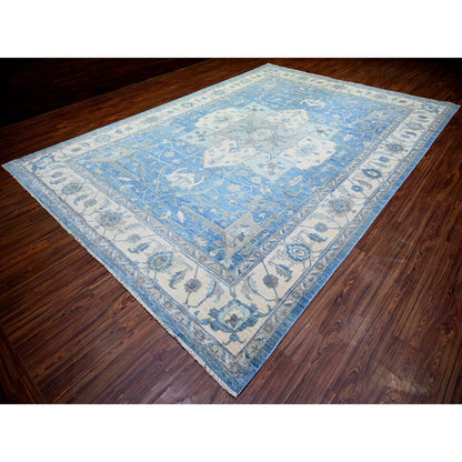 Oushak And Peshawar Wool Hand Knotted Rug Blue Ivory 9.10X14.0 -O073129