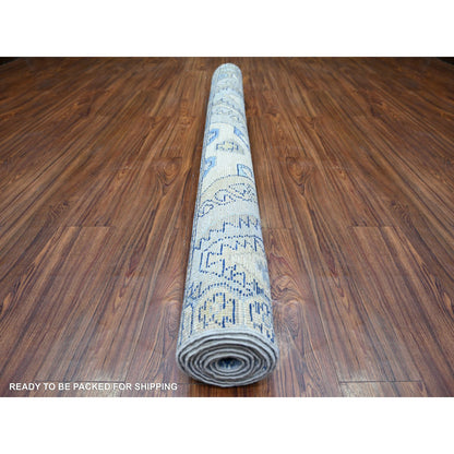 Tribal & Geometric Wool Hand Knotted Rug Ivory Blue 5.10X8.10 -O073260