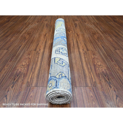 Tribal & Geometric Wool Hand Knotted Rug Ivory Blue 4.1X6.0 -O073267