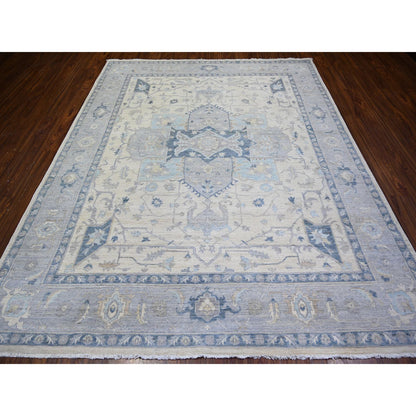 Oushak And Peshawar Wool Hand Knotted Rug Ivory Gray 7.10X9.7 -O073279