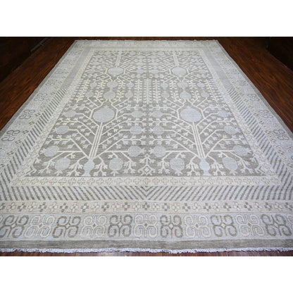 Khotan and Samarkand Wool Hand Knotted Rug Grey Ivory 11.2X14.3 -O073281