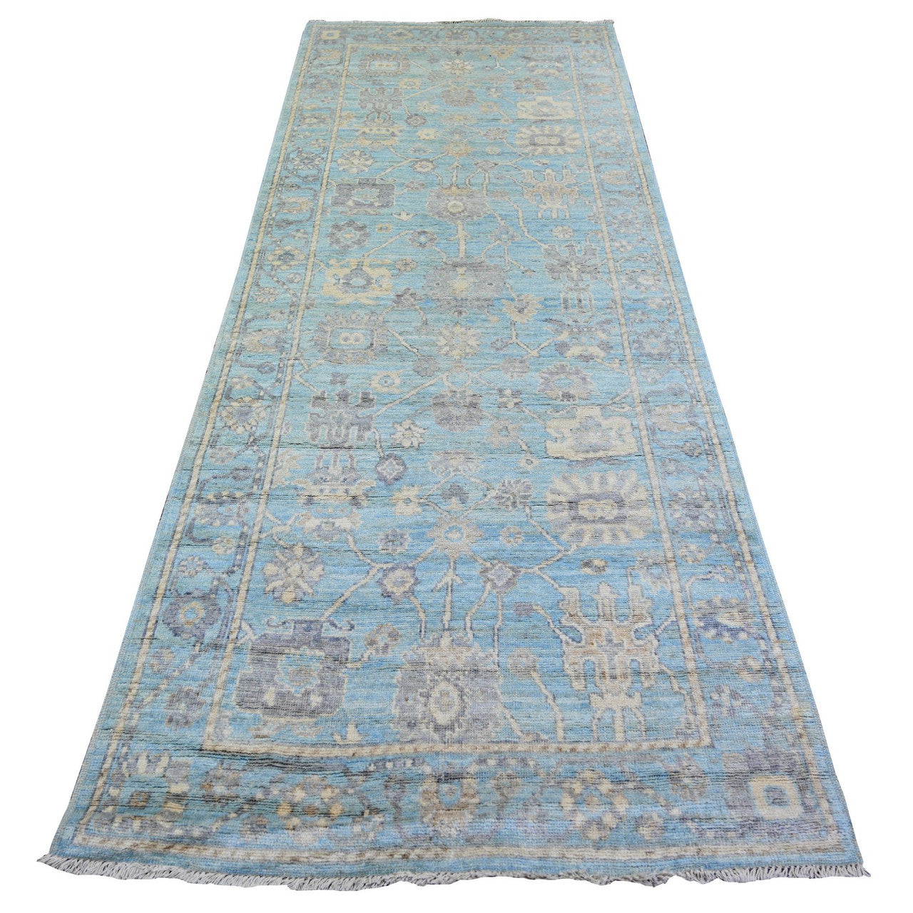 Blue 4'0" x 10'1" Oushak And Peshawar Hand knotted Wool Rug - Sku: O073297