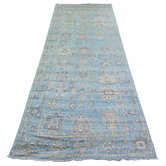 Oushak And Peshawar Wool Hand Knotted Rug Blue Blue 4.0X10.1 -O073297