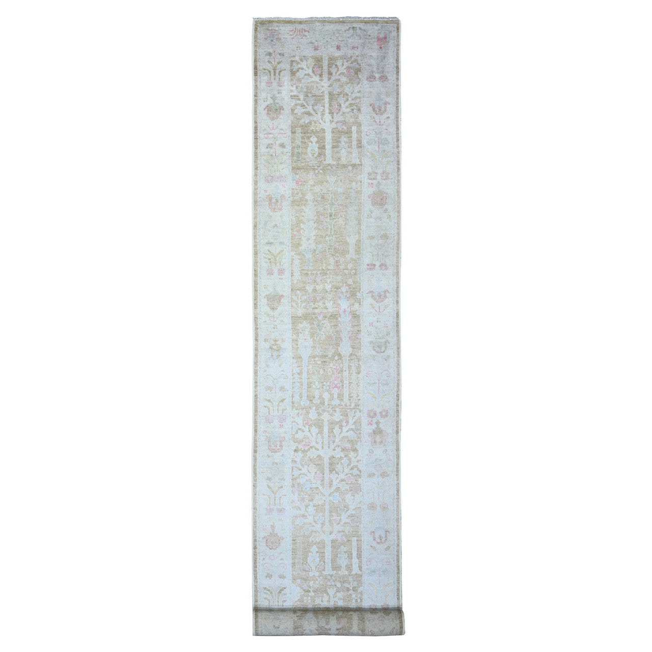 Brown 2'9" x 19'0" Oushak And Peshawar Hand knotted Wool Rug - Sku: O073305