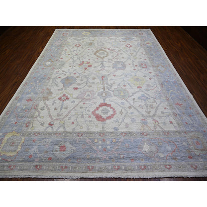 Oushak And Peshawar Wool Hand Knotted Rug Ivory Blue 8.10X11.8 -O073360