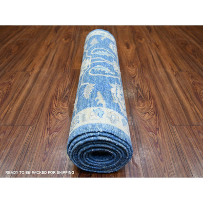 Oushak And Peshawar Wool Hand Knotted Rug Blue Ivory 2.8X11.8 -O073412
