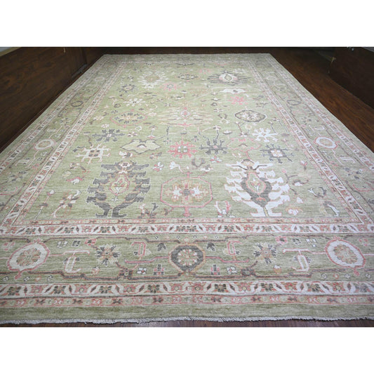 Oushak And Peshawar Wool Hand Knotted Rug Green Green 13.10X19.8 -O073448