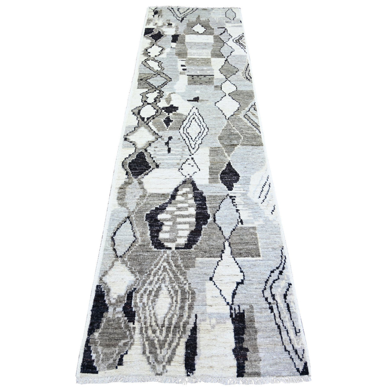 Ivory 2'7" x 9'9" Tribal & Geometric Hand knotted Wool Rug - Sku: O073489