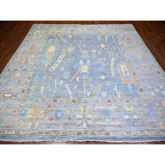 Oushak And Peshawar Wool Hand Knotted Rug Blue Gray 9.10X9.7 -O073520