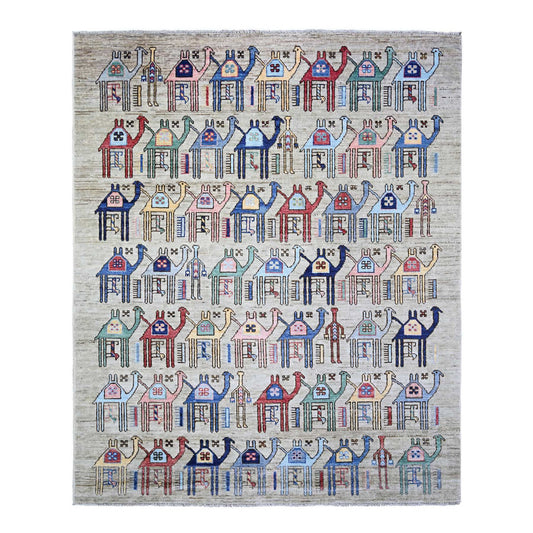 Tribal & Geometric Wool Hand Knotted Rug Beige No Border 8.2X9.9 -O073526