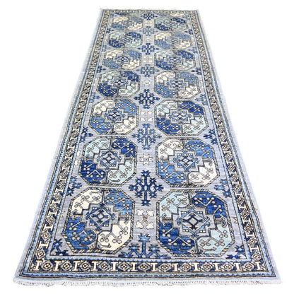 Tribal & Geometric Wool Hand Knotted Rug Grey Ivory 4.0X10.1 -O073558